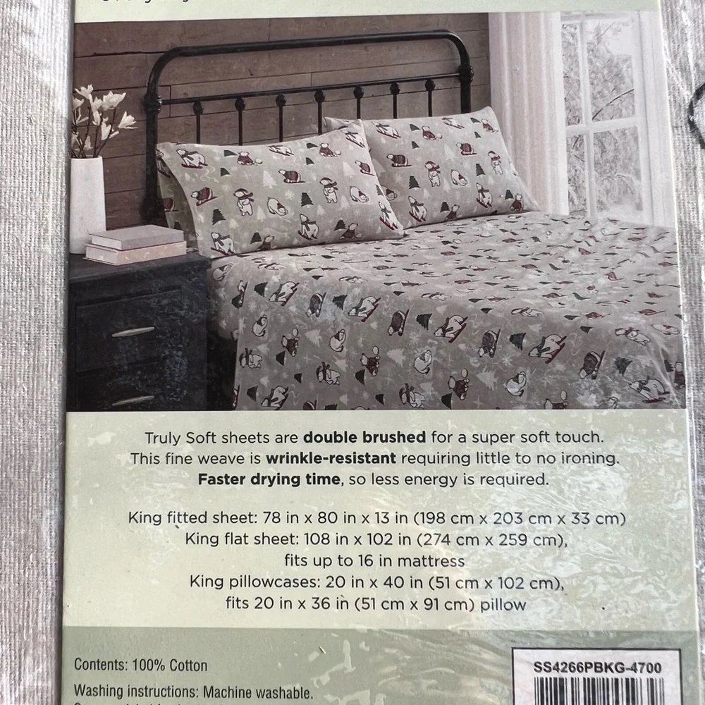 TRULY SOFT Winter Polar Bear Ski Flannel Christmas King Sheet Set NWT NEW